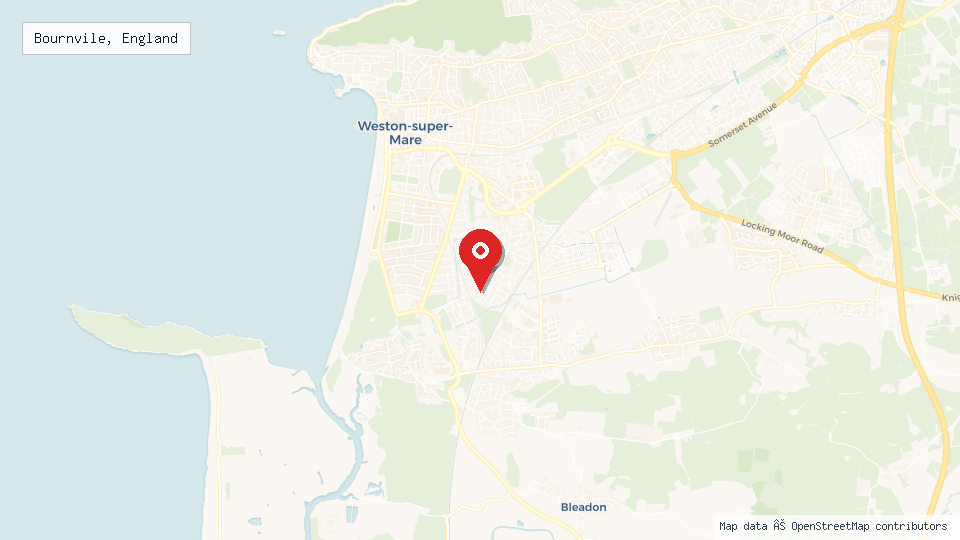 Street map of Bournvile, England with location pin