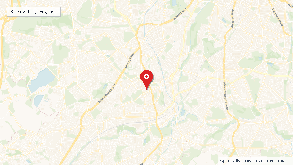 Street map of Bournville, England with location pin