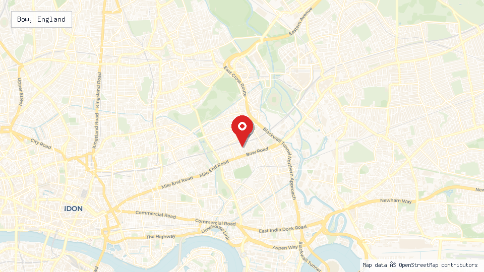 Street map of Bow, England with location pin