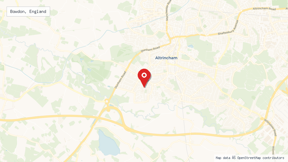 Street map of Bowdon, England with location pin