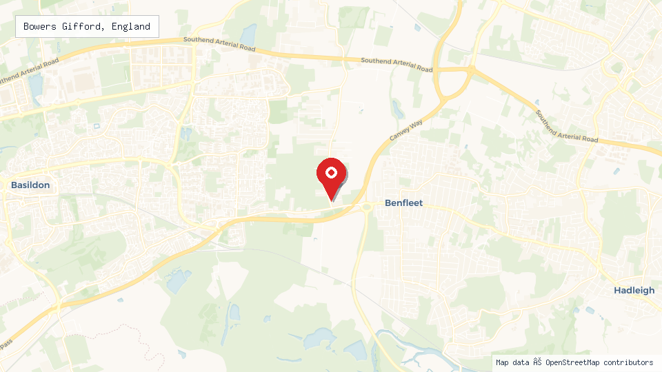 Street map of Bowers Gifford, England with location pin