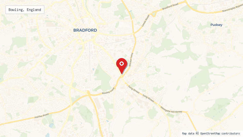Street map of Bowling, England with location pin