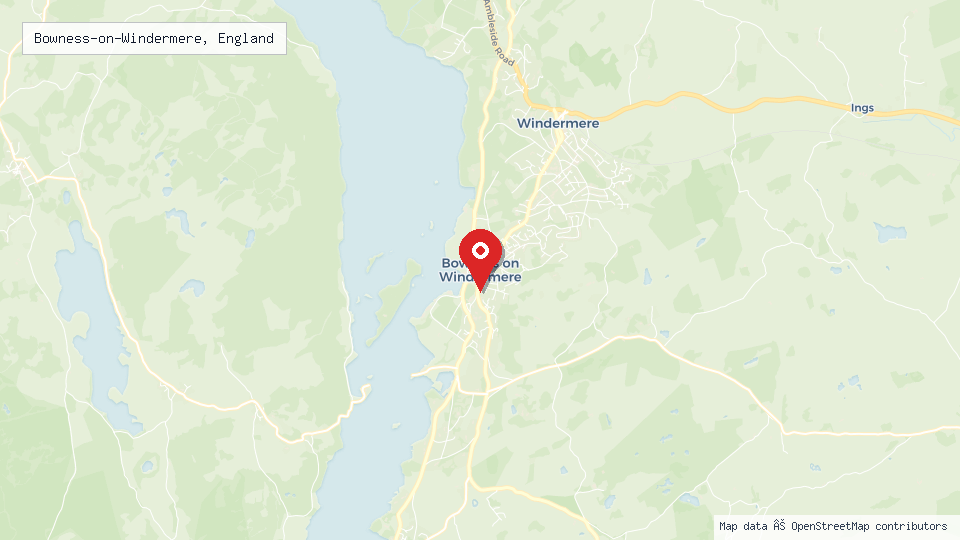 Street map of Bowness-on-Windermere, England with location pin