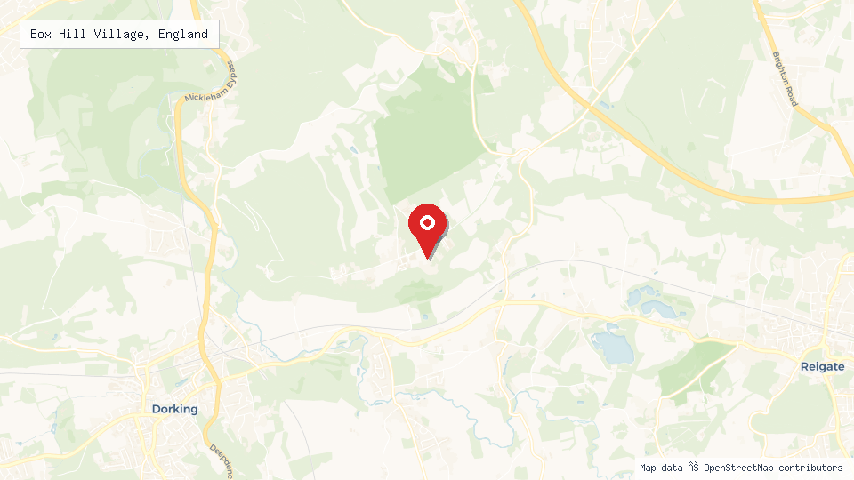 Street map of Box Hill Village, England with location pin