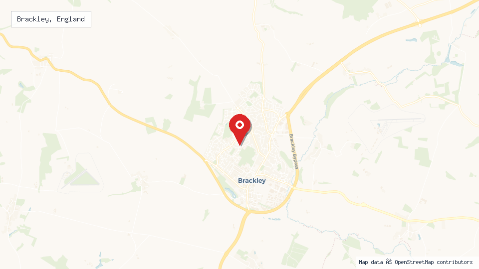 Street map of Brackley, England with location pin