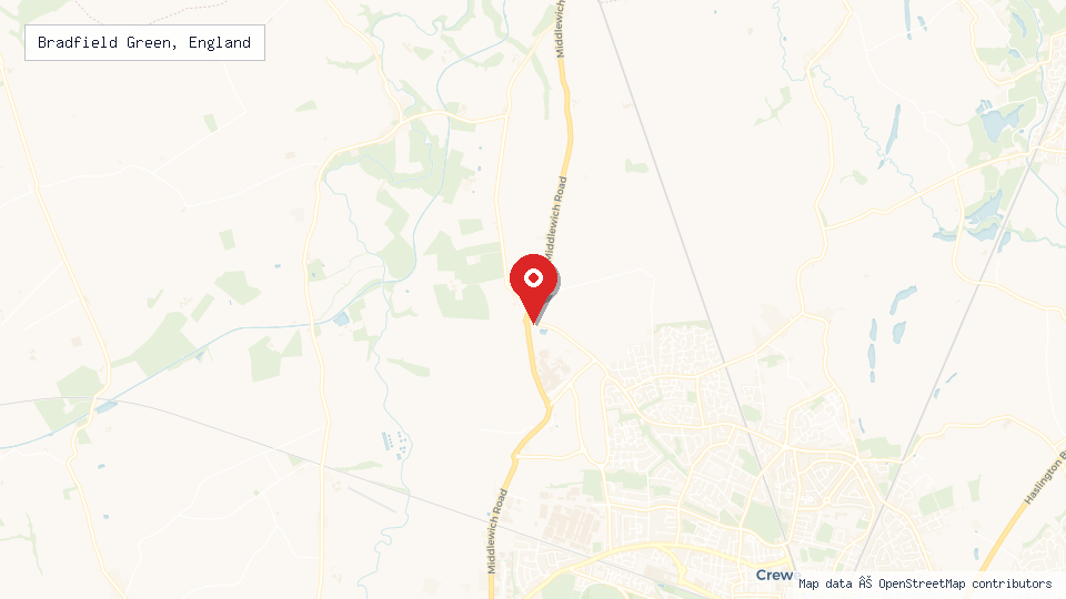 Street map of Bradfield Green, England with location pin