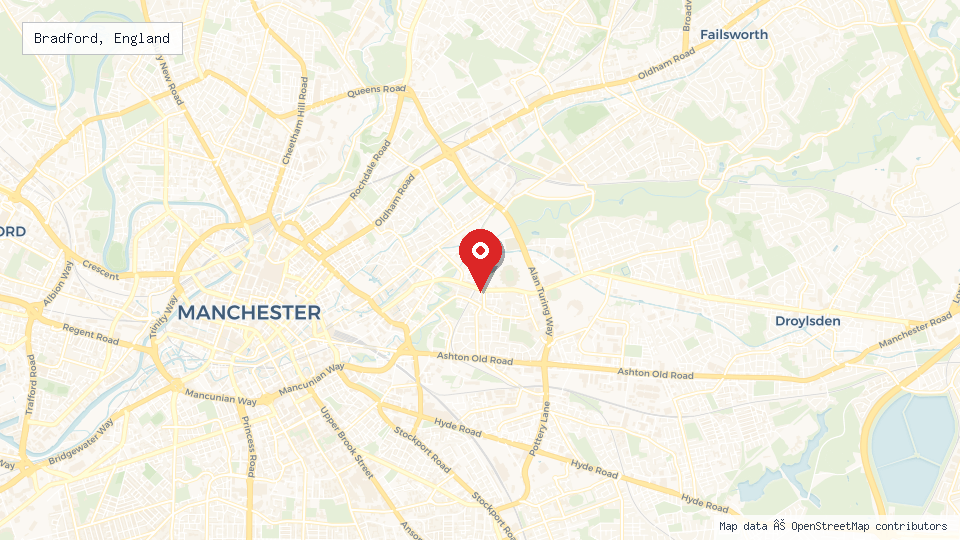 Street map of Bradford, England with location pin