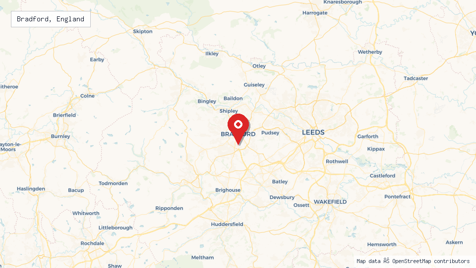 Street map of Bradford, England with location pin