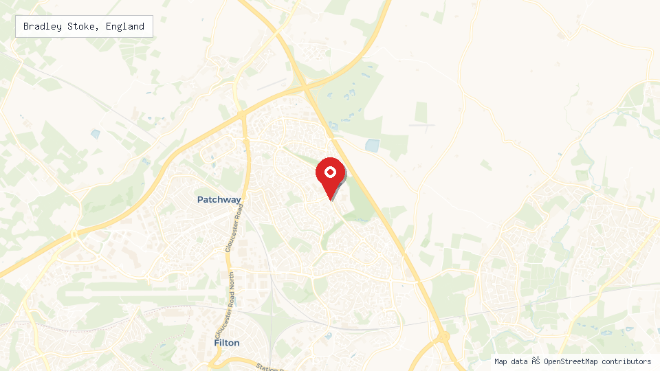 Street map of Bradley Stoke, England with location pin
