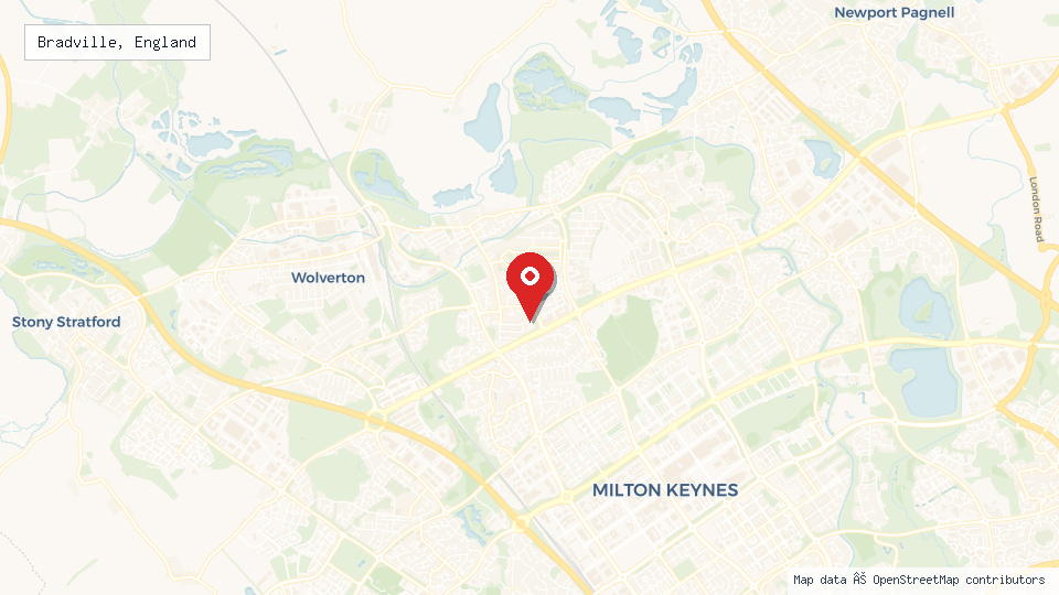 Street map of Bradville, England with location pin