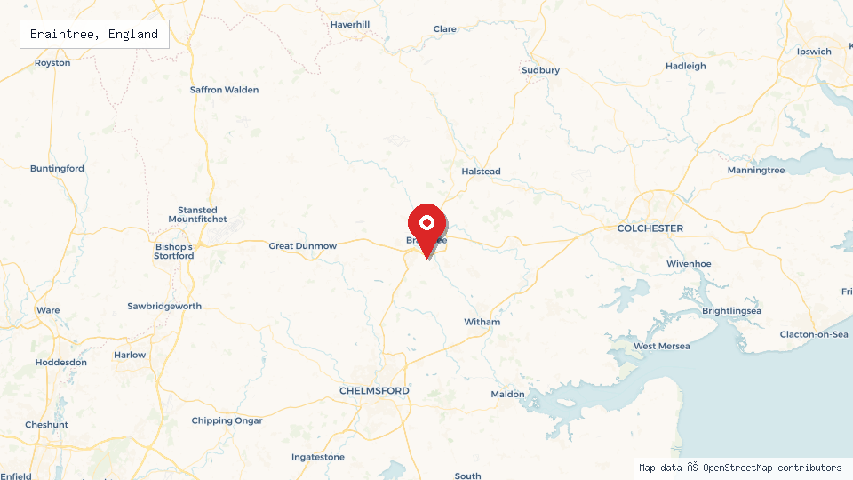 Street map of Braintree, England with location pin
