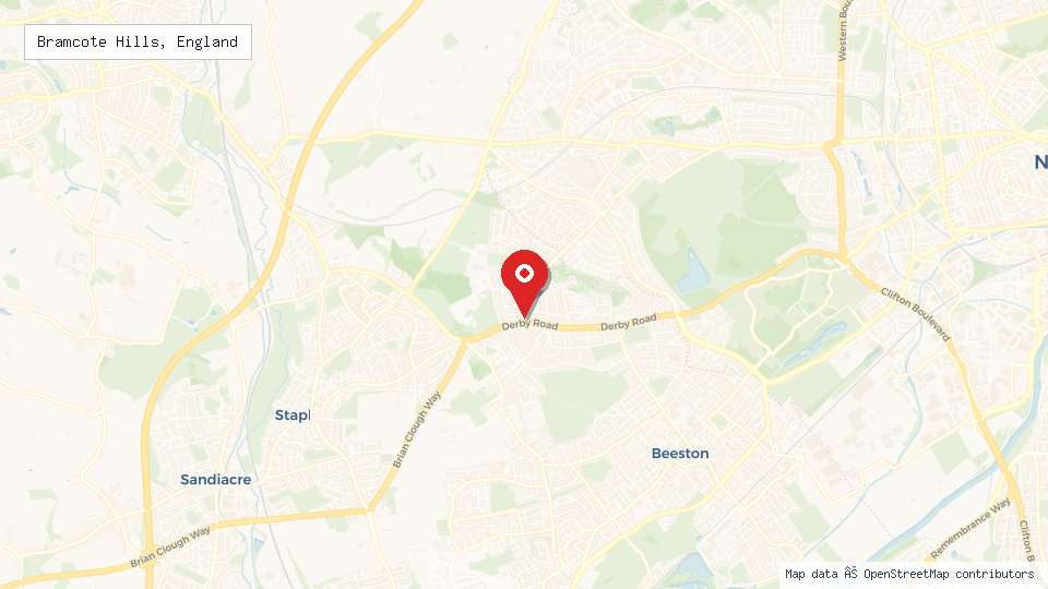 Street map of Bramcote Hills, England with location pin