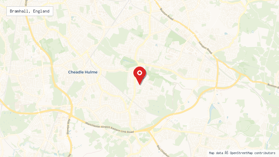 Street map of Bramhall, England with location pin