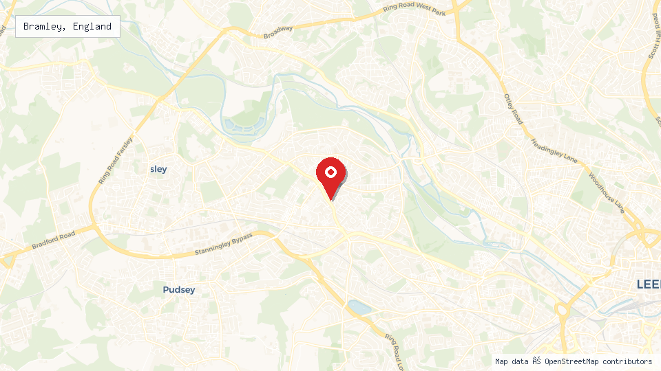 Street map of Bramley, England with location pin