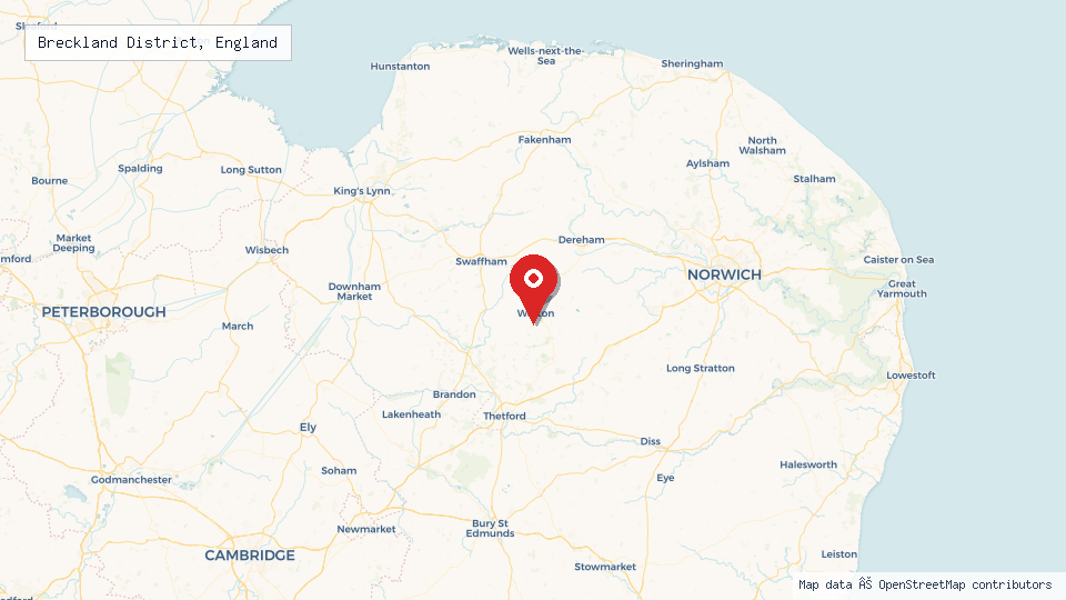 Street map of Breckland District, England with location pin