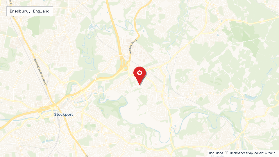 Street map of Bredbury, England with location pin