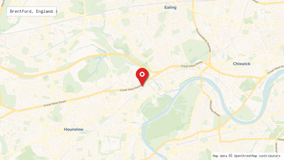 Street map of Brentford, England with location pin
