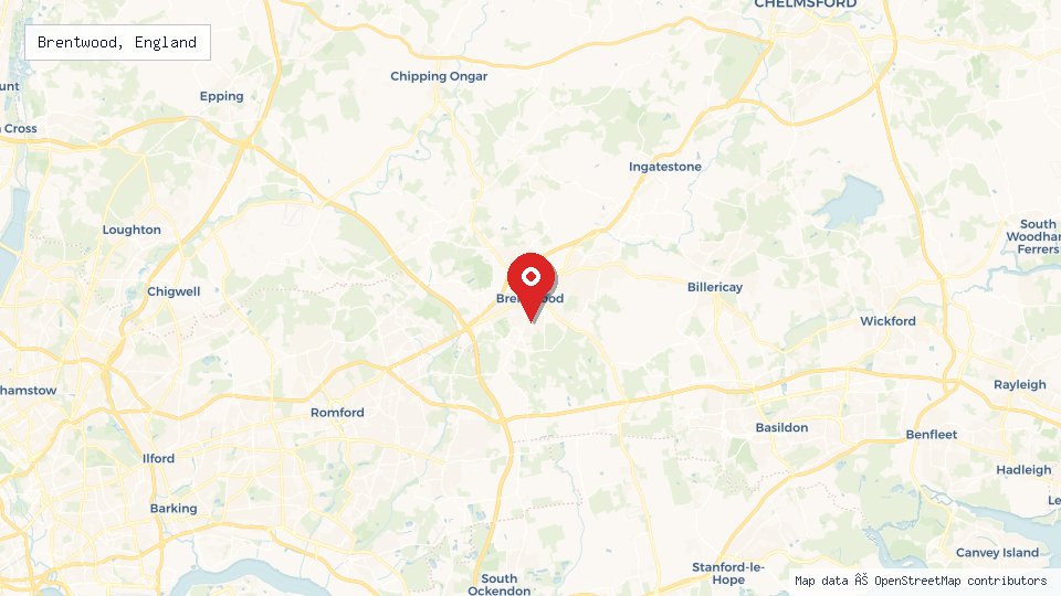 Street map of Brentwood, England with location pin