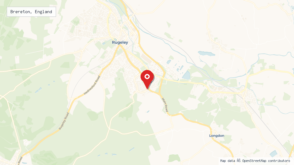 Street map of Brereton, England with location pin