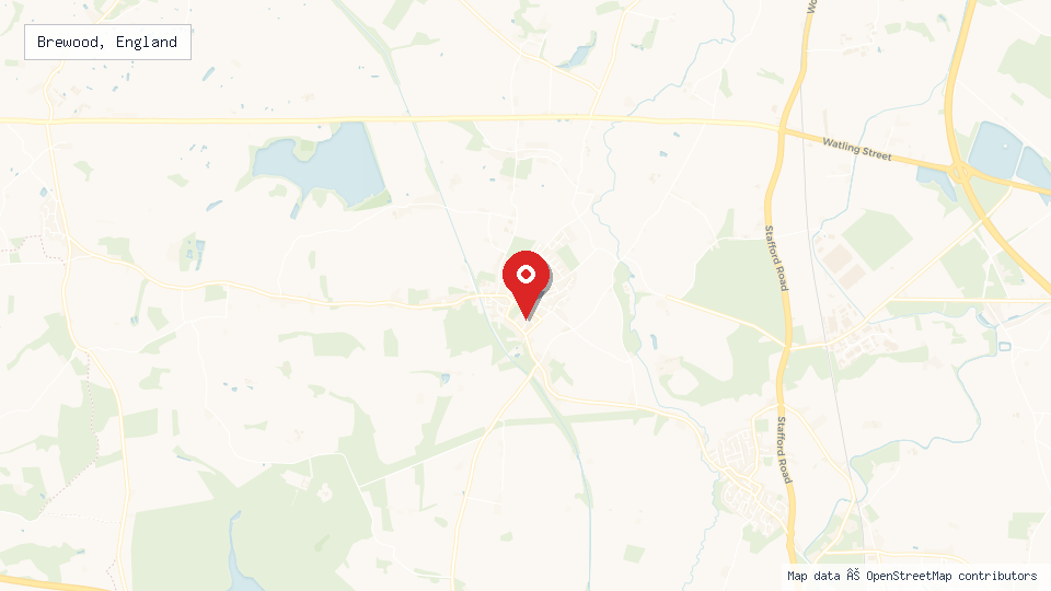 Street map of Brewood, England with location pin