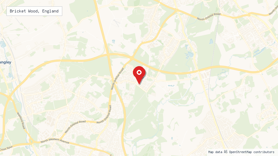 Street map of Bricket Wood, England with location pin