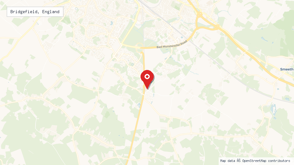 Street map of Bridgefield, England with location pin