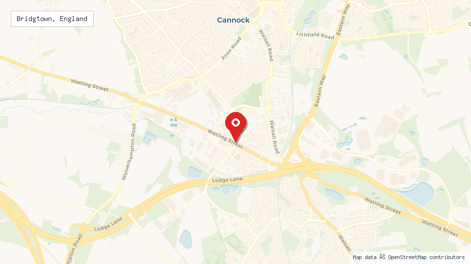 Street map of Bridgtown, England with location pin
