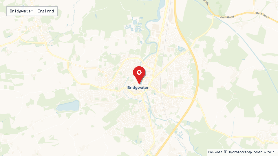 Street map of Bridgwater, England with location pin
