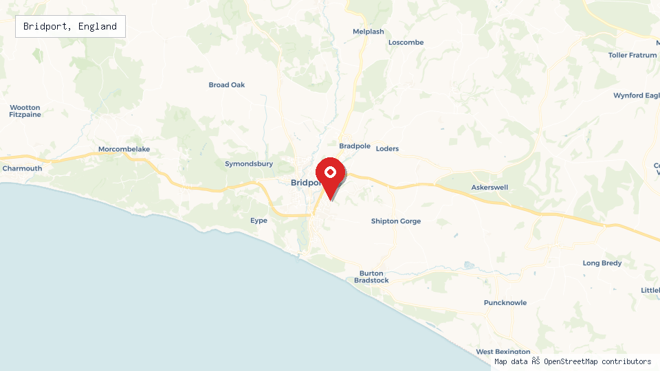 Street map of Bridport, England with location pin