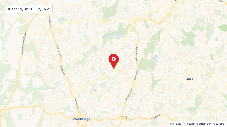 Street map of Brierley Hill, England with location pin