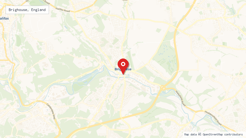 Street map of Brighouse, England with location pin