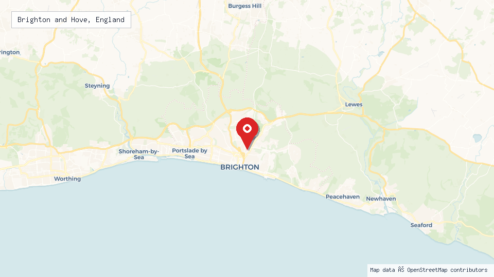Street map of Brighton and Hove, England with location pin