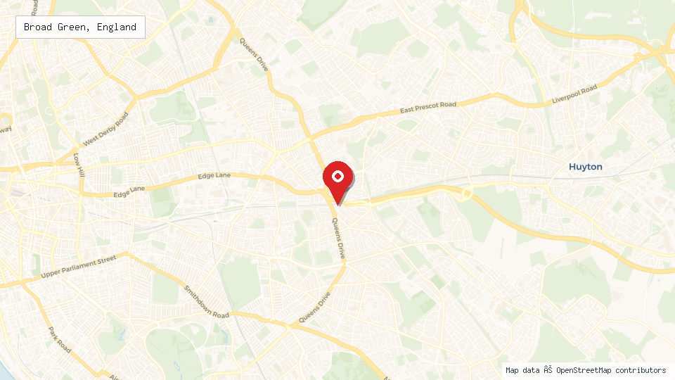 Street map of Broad Green, England with location pin