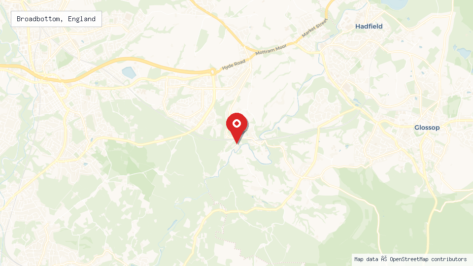 Street map of Broadbottom, England with location pin
