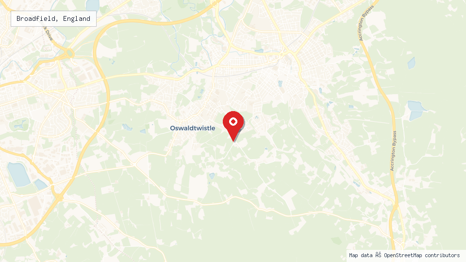 Street map of Broadfield, England with location pin