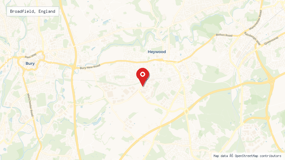 Street map of Broadfield, England with location pin