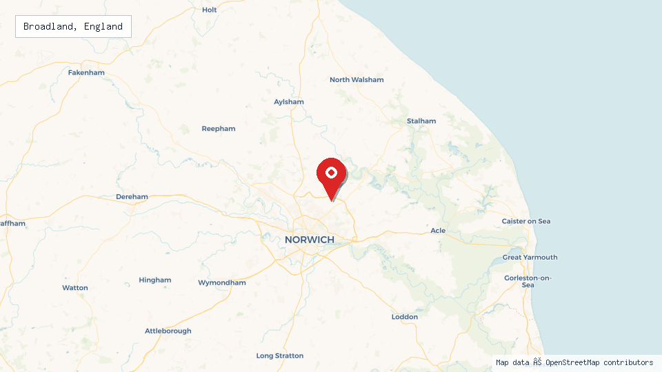 Street map of Broadland, England with location pin