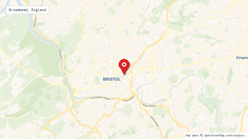 Street map of Broadmead, England with location pin