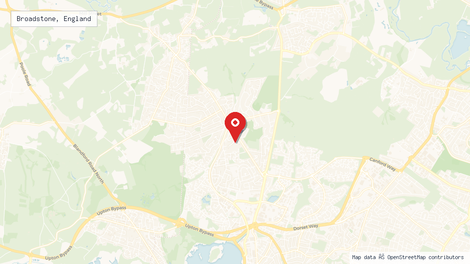 Street map of Broadstone, England with location pin