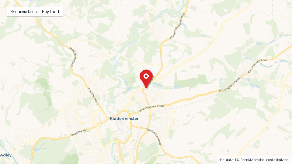 Street map of Broadwaters, England with location pin
