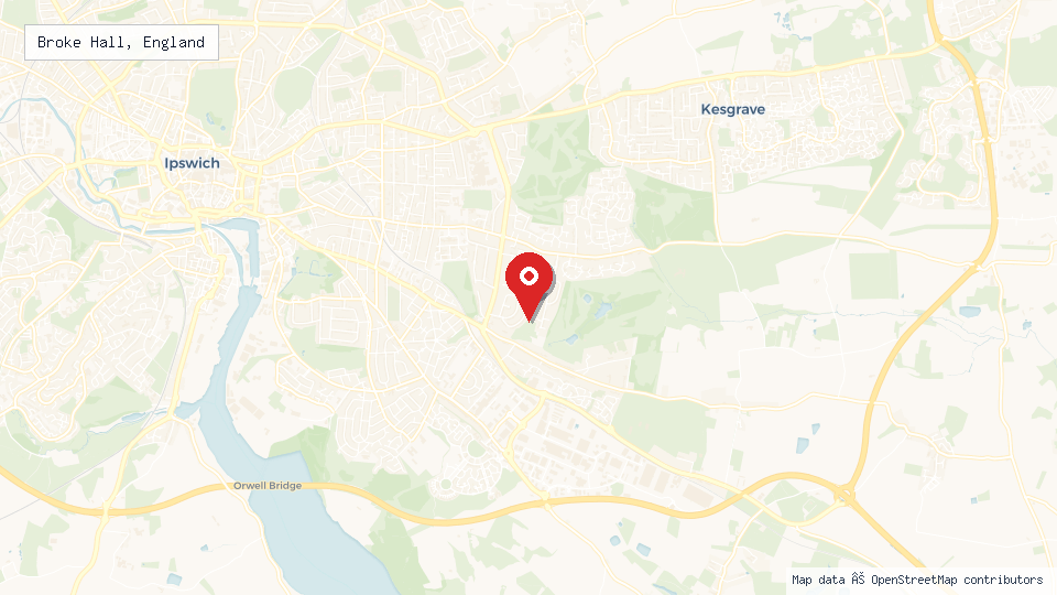 Street map of Broke Hall, England with location pin