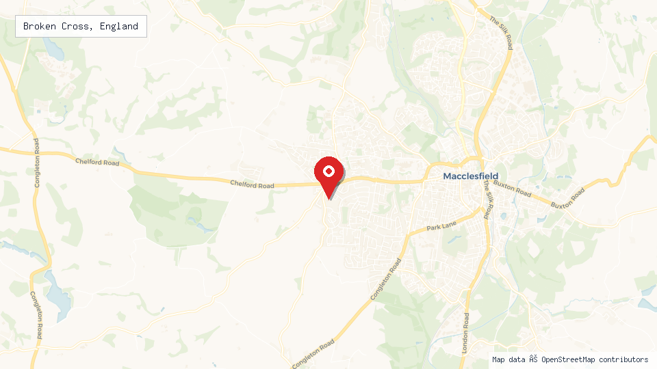 Street map of Broken Cross, England with location pin