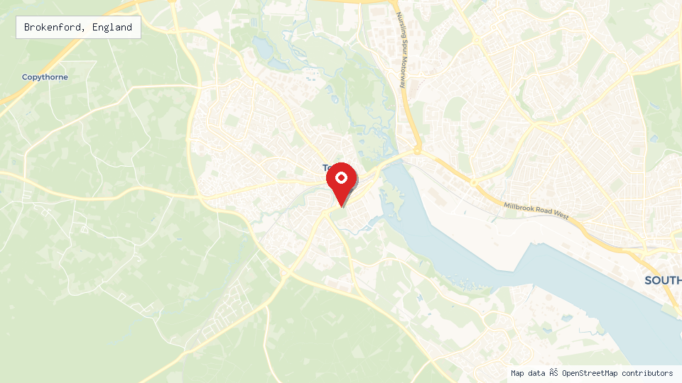 Street map of Brokenford, England with location pin