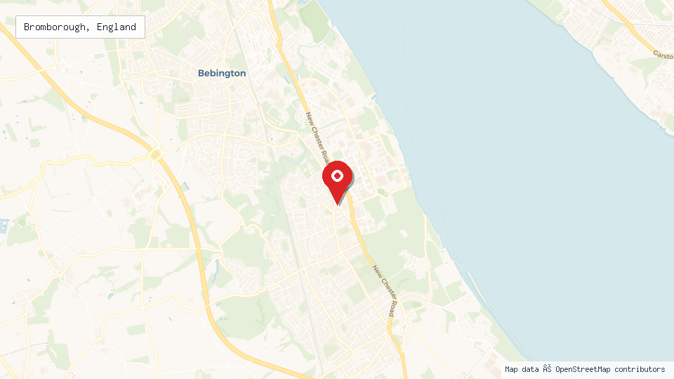 Street map of Bromborough, England with location pin
