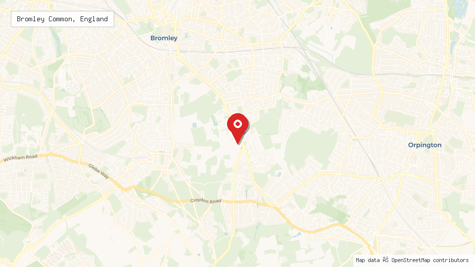 Street map of Bromley Common, England with location pin