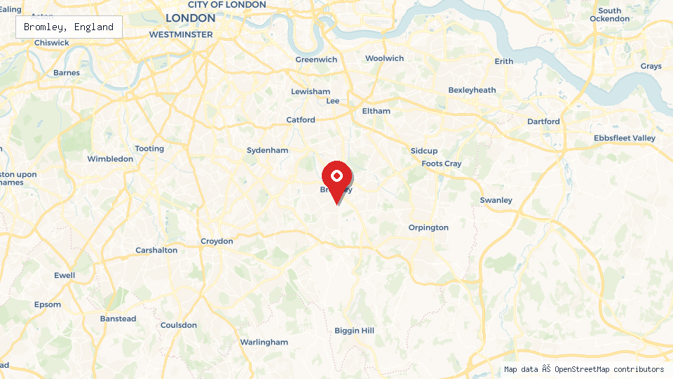 Street map of Bromley, England with location pin