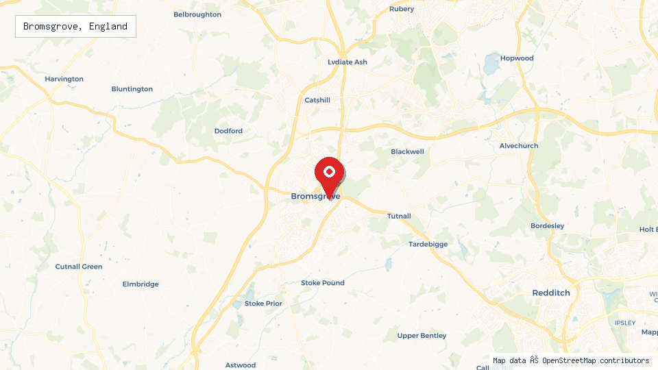 Street map of Bromsgrove, England with location pin