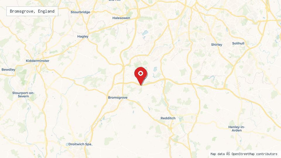 Street map of Bromsgrove, England with location pin