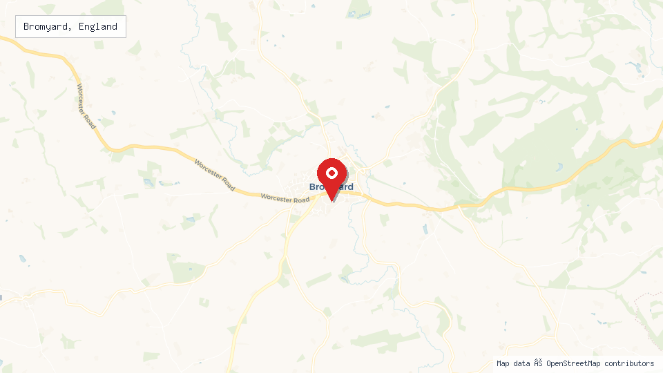 Street map of Bromyard, England with location pin