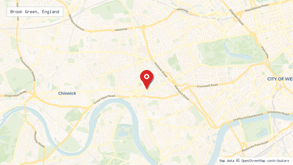 Street map of Brook Green, England with location pin